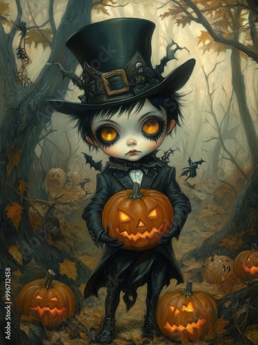  A little girl in a witch costume, clutching a jack-o'-lantern, wanders in a forest