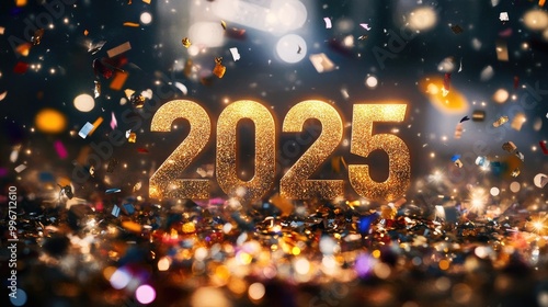 Beautiful New Year 2025 banner with large "2025" in the center, surrounded by twinkling lights and confetti, with space for custom text at the bottom.