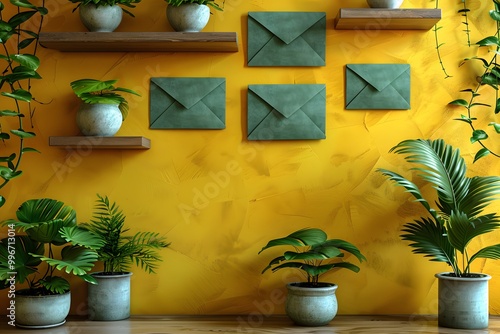 Urban Jungle Living Room Decor with Indoor Plants and Green Mail Envelopes on Yellow Wall photo