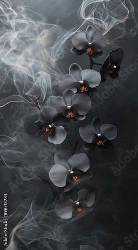  A group of orchids against a black backdrop, with white smoke swirling in the foreground
