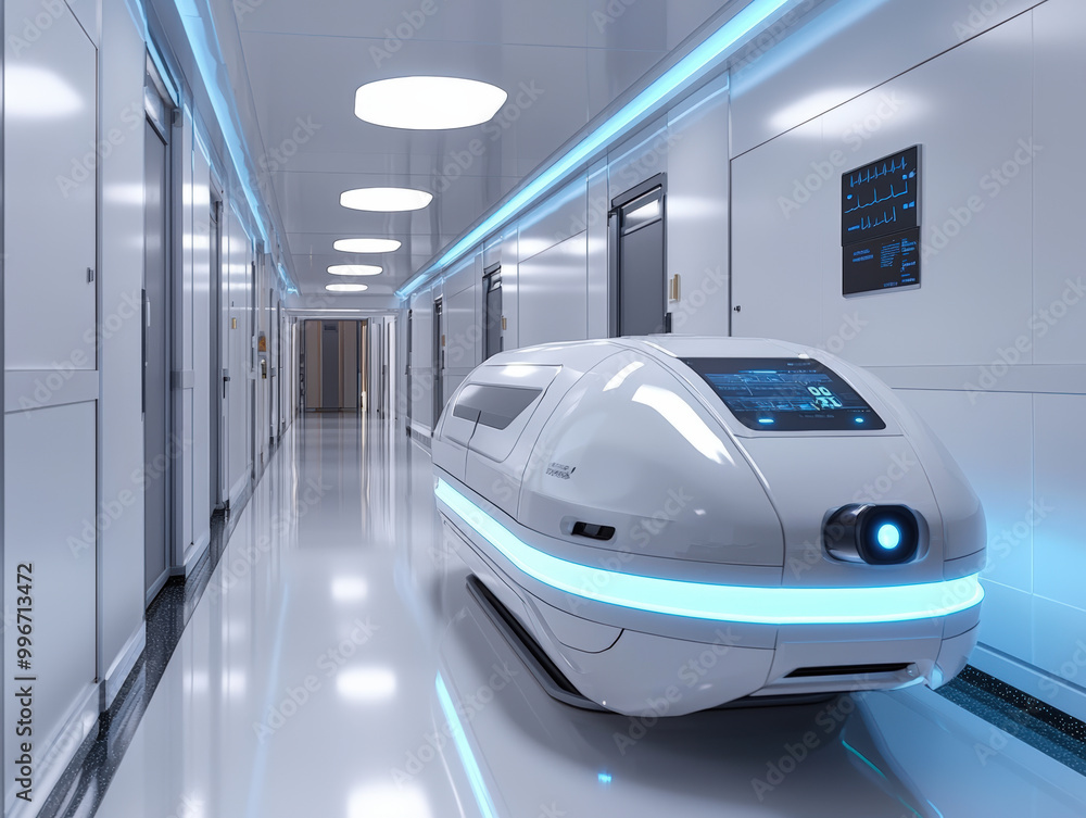 Futuristic hospital robot delivering medical supplies in sleek, modern corridor. advanced design and glowing blue accents create high tech atmosphere Futuristic hospital robot delivering medical supplies in sleek, modern corridor. advanced design and glowing blue accents create high tech atmosphere