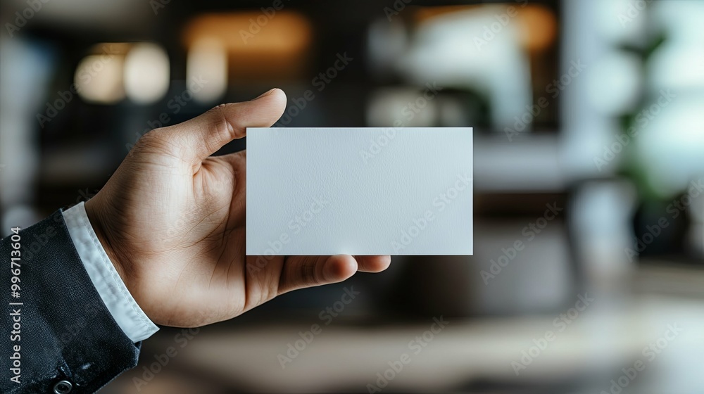 A hand in a suit holding a blank white card in a blurred background. A hand in a suit holding a blank white card in a blurred background.