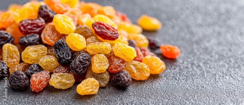 one of raisins colored orange and yellow, the other purely raisins, dark in hue