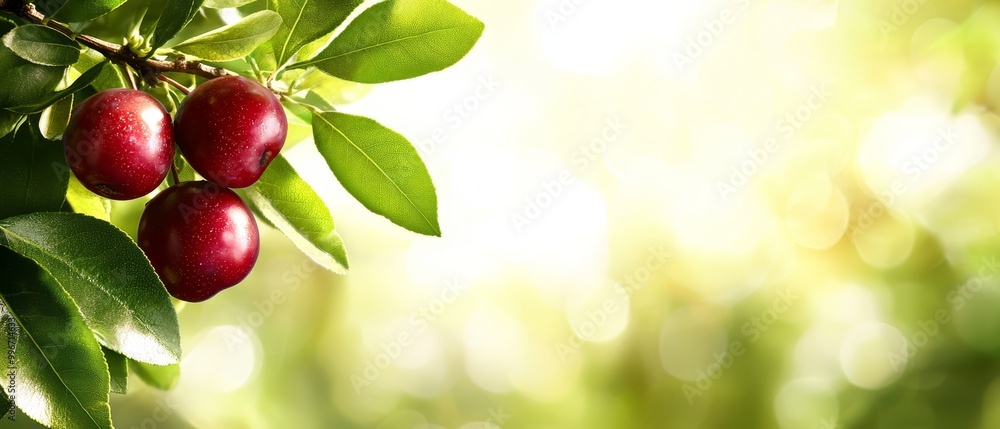 A tree branch with fruits against crisp leaves, foreground Bright light behind, backdrop A tree branch with fruits against crisp leaves, foreground Bright light behind, backdrop