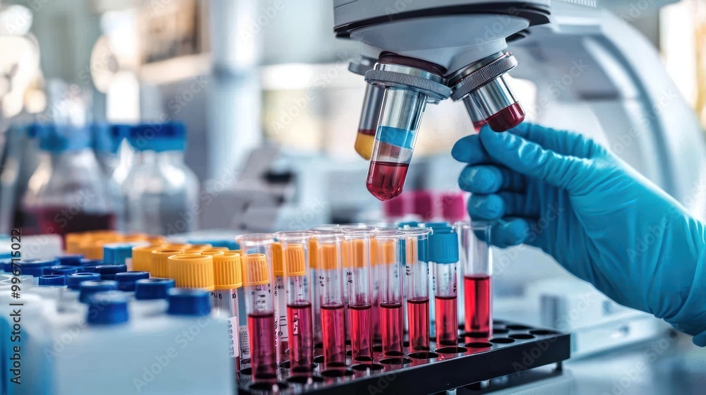 Laboratory scene with test tubes and a microscope for scientific analysis. Laboratory scene with test tubes and a microscope for scientific analysis.