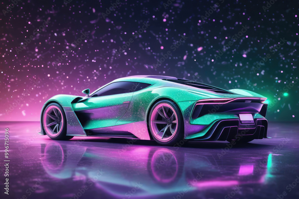 Naklejka premium Luxury sports car in neon mint green and blush lights, powerful acceleration of a supercar.