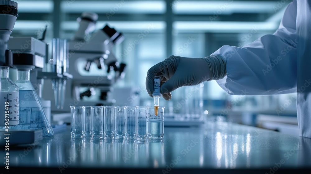 A lab technician adds a sample to test tubes in a scientific research environment. A lab technician adds a sample to test tubes in a scientific research environment.