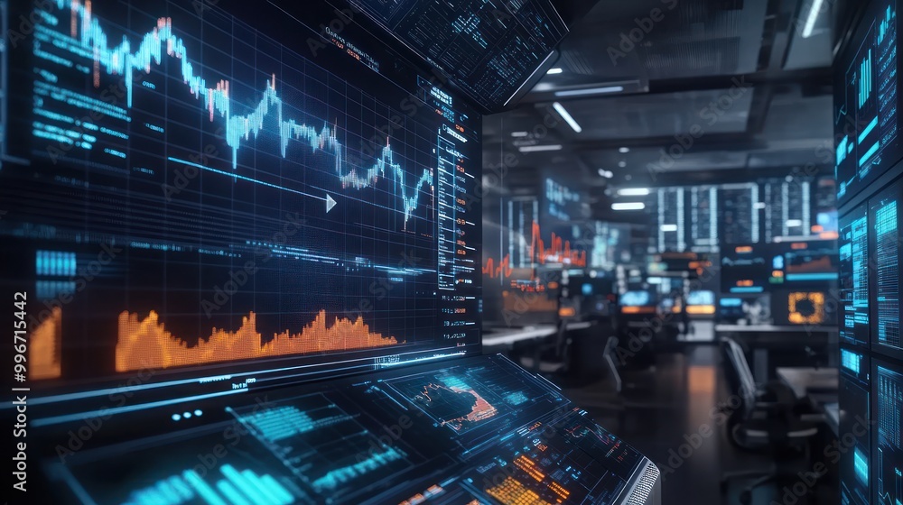 A modern trading room with digital screens displaying market data and analytics. A modern trading room with digital screens displaying market data and analytics.