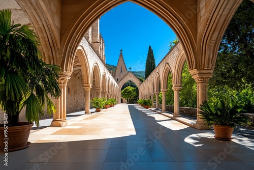 Minimal illustration of Batalha Monasteryâ€™s cloisters, with simple arches and clear contrasts between light and shadow photo