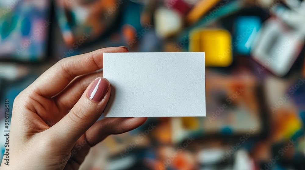 Hand Holding a Blank White Card Against a Blurred Background of Colorful Objects Hand Holding a Blank White Card Against a Blurred Background of Colorful Objects