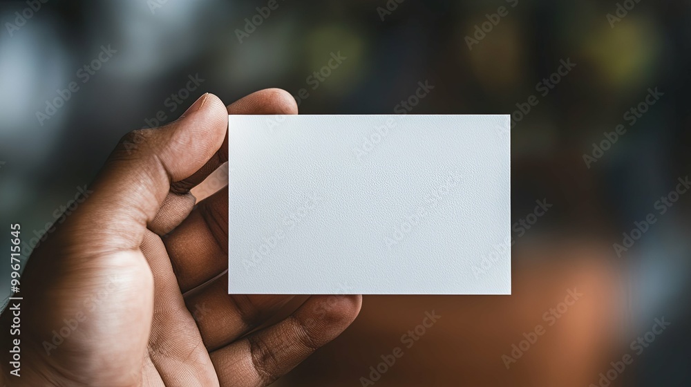 Hand Holding a Blank White Card Against a Blurred Background Hand Holding a Blank White Card Against a Blurred Background