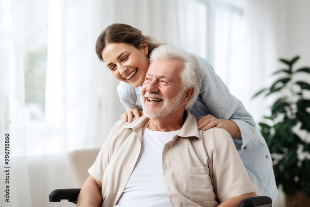 Caring female doctor embracing helping happy senior male disabled patient smiling adult care. Caring female doctor embracing helping happy senior male disabled patient smiling adult care.
