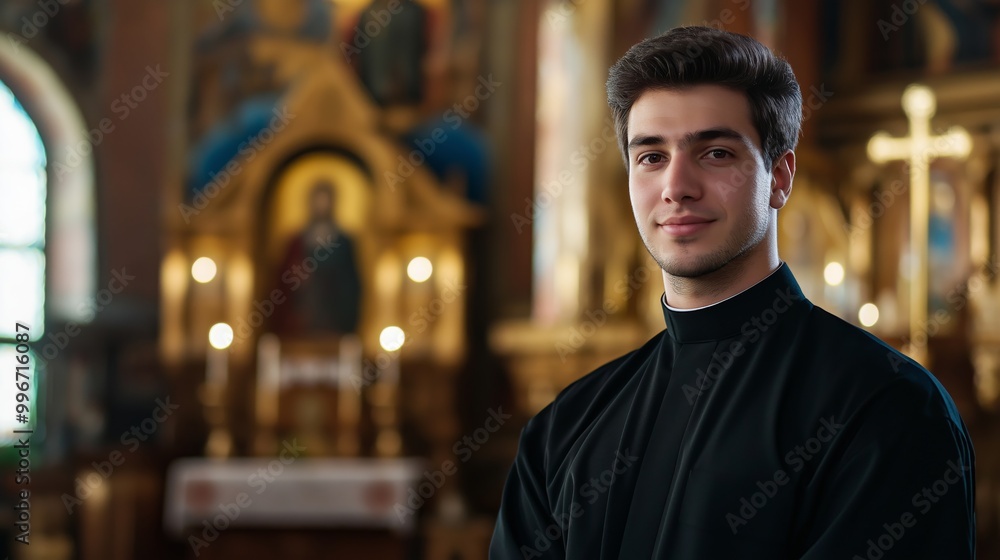 Confident Young Male Greek Orthodox Priest in Traditional Black Robe Inside Ornate Church, Religious Devotion and Faith Portrayal Confident Young Male Greek Orthodox Priest in Traditional Black Robe Inside Ornate Church, Religious Devotion and Faith Portrayal