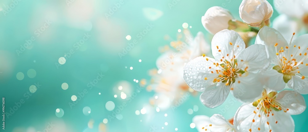 A tight shot of numerous white blooms against a backdrop of blue and green, featuring water beads on their petals A tight shot of numerous white blooms against a backdrop of blue and green, featuring water beads on their petals