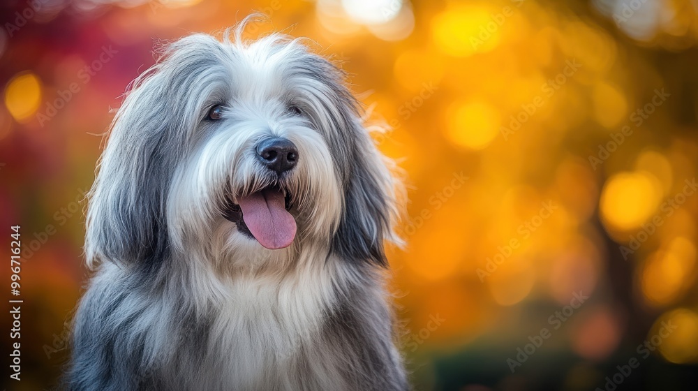 A fluffy dog with a joyful expression against a vibrant autumn background. A fluffy dog with a joyful expression against a vibrant autumn background.