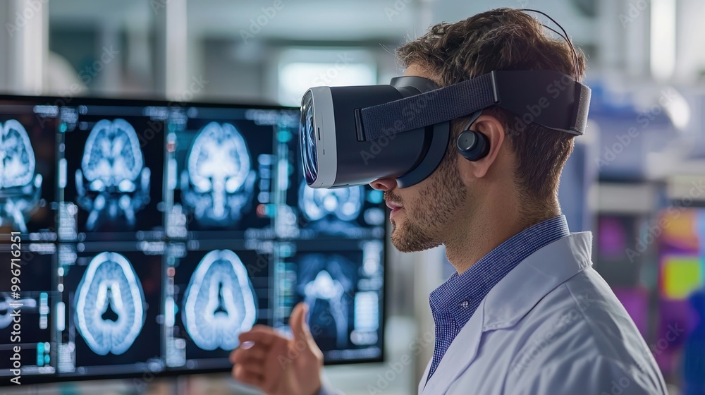 Virtual reality headset being used by a medical professional to study brain tumor treatment options. Virtual reality headset being used by a medical professional to study brain tumor treatment options.
