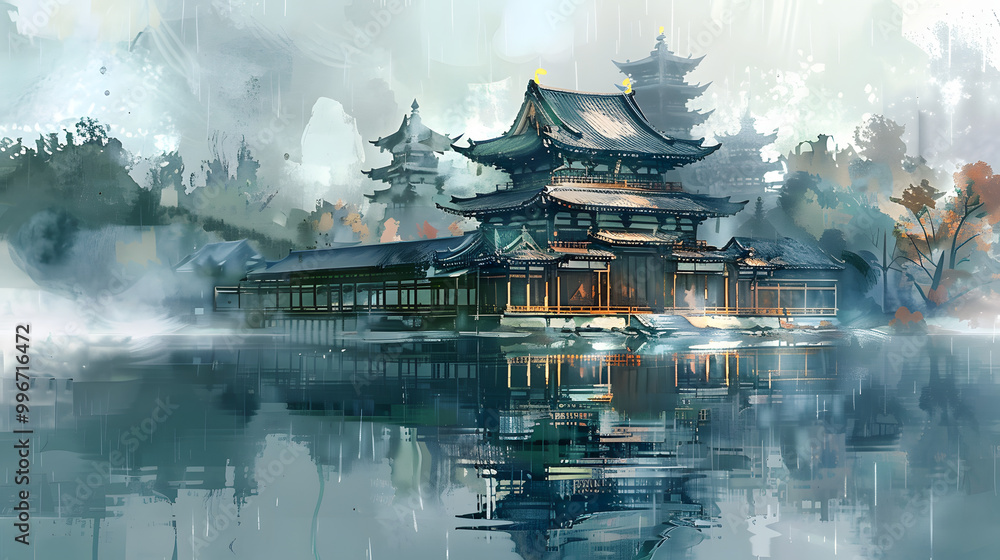 Fototapeta premium Lake Temple building fantasy Watercolor