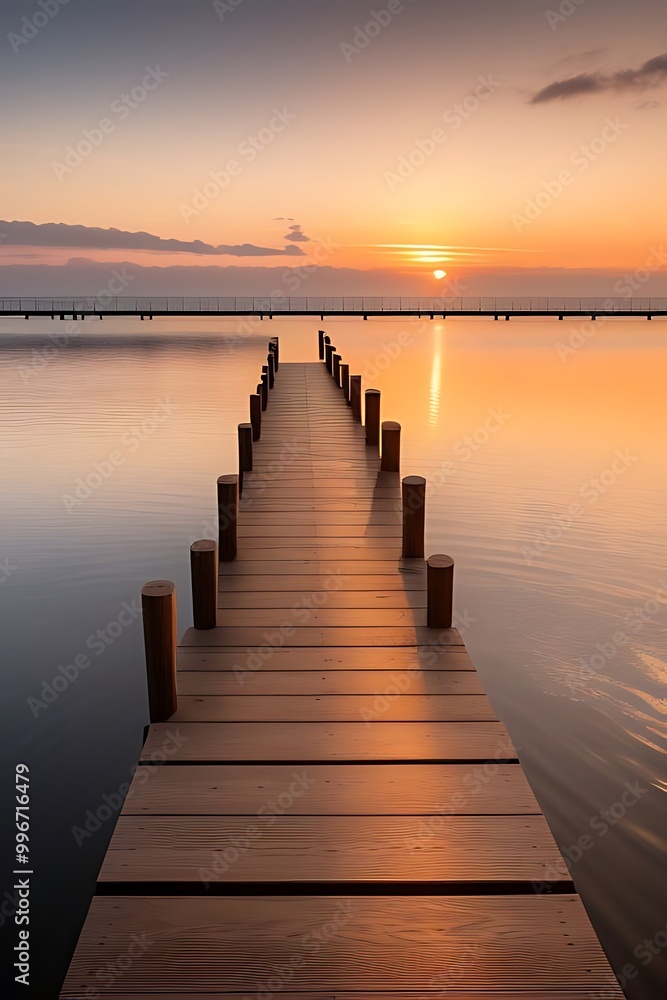 Wooden pier extending into sunset waters. Wooden pier extending into sunset waters.