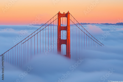 Golden Gate Bridge rises majestically through morning fog, creating stunning visual contrast against soft pastel sky. scene evokes sense of tranquility and wonder