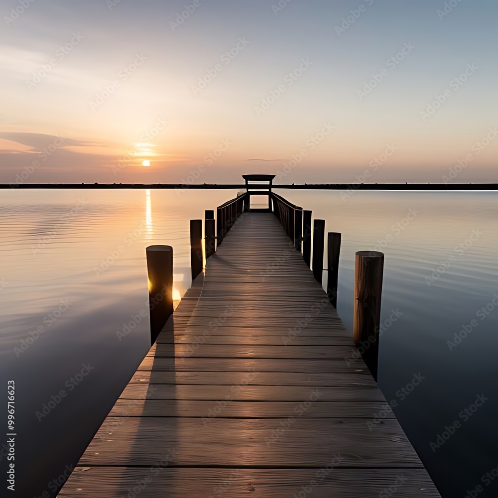 Wooden pier extending into sunset waters. Wooden pier extending into sunset waters.