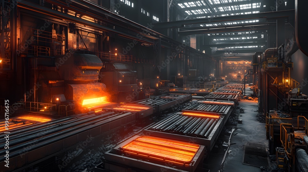 A massive steel factory with robotic sensors attached to every machine for real-time quality monitoring. A massive steel factory with robotic sensors attached to every machine for real-time quality monitoring.