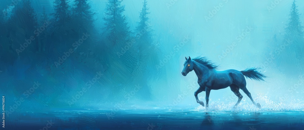 galloping through water, forest backdrop of tall pine trees galloping through water, forest backdrop of tall pine trees