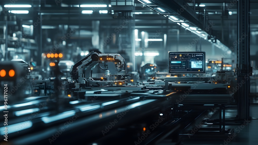 A cybernetic assembly line in a sleek, dark factory where machines self-correct any quality defects. A cybernetic assembly line in a sleek, dark factory where machines self-correct any quality defects.