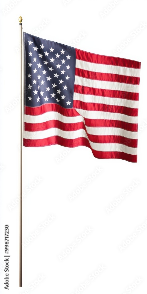 Obraz premium A vibrant American flag waving proudly against a clear sky, symbolizing freedom, unity, and patriotism.