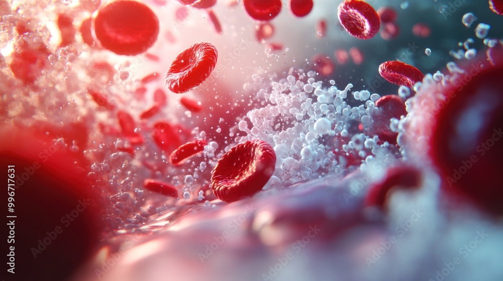 Close-up view of red blood cells and water droplets in a dynamic, scientific representation. Close-up view of red blood cells and water droplets in a dynamic, scientific representation.