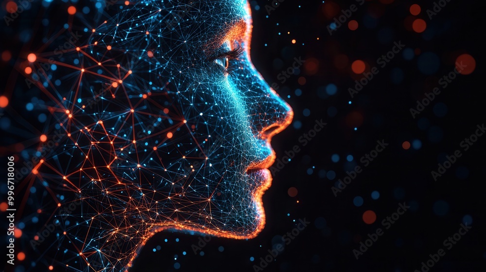 Obraz premium A digitally rendered profile of a woman, showcasing glowing connections and vibrant colors, representing technology and innovation.