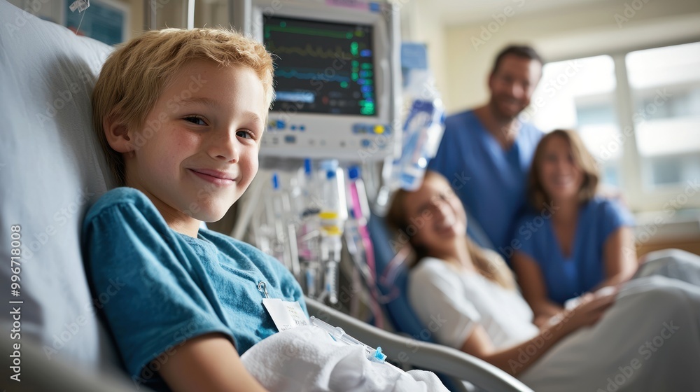 Fototapeta premium A child receiving chemotherapy treatment in a hospital room, with supportive family nearby.