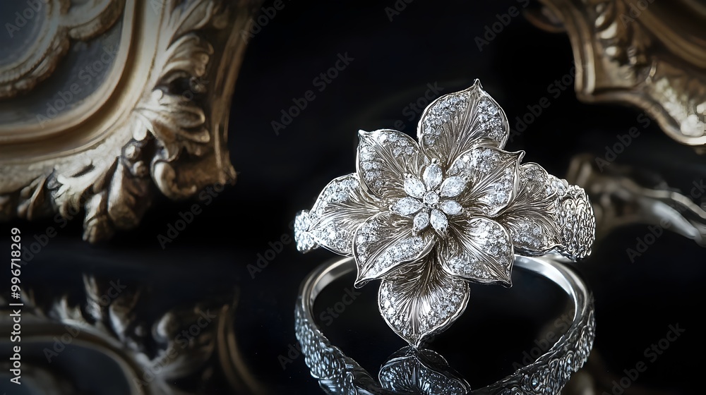 Obraz premium Captivating white gold floral ring with a regal multi petal flower design showcasing masterful botanical metalwork and dazzling diamond highlights Crafted with exceptional artisan skill