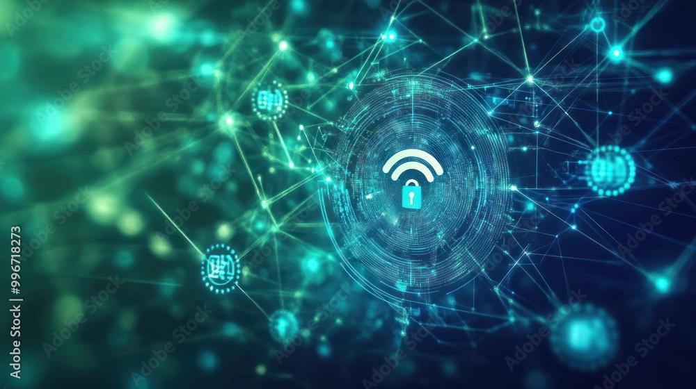 Obraz premium A digital illustration depicting cybersecurity with a lock and network connections.