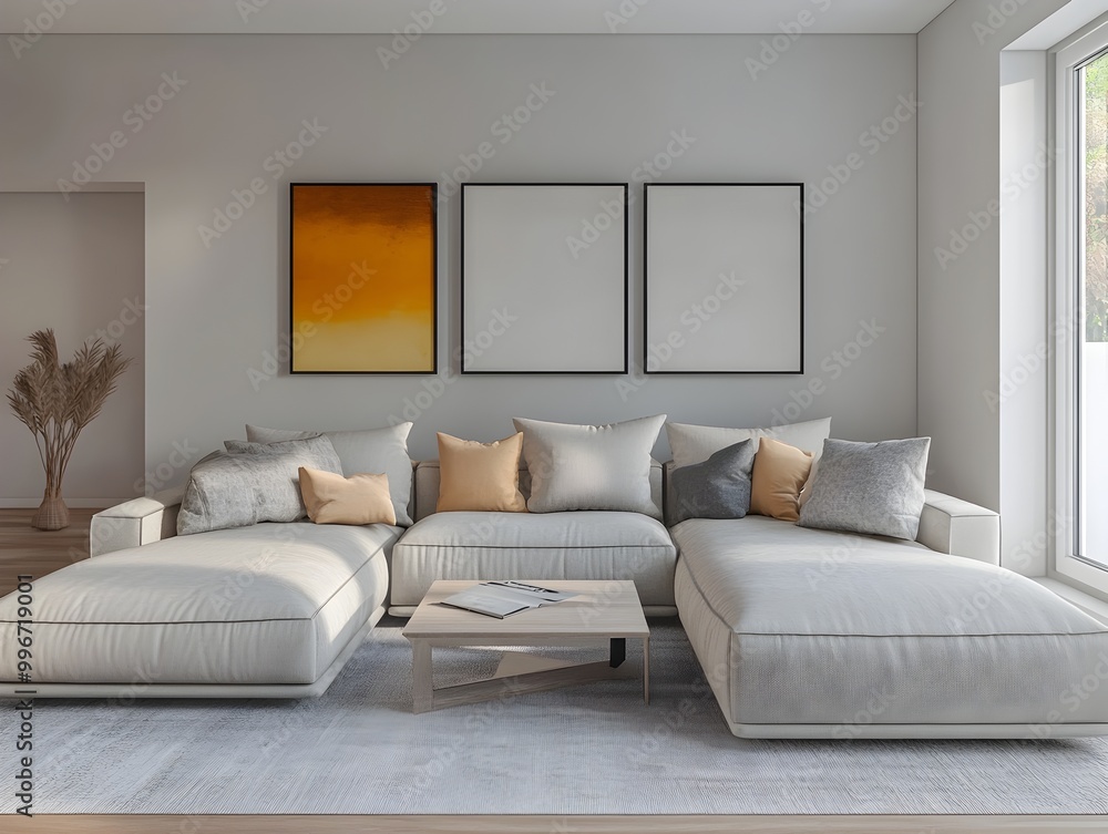 Fototapeta premium Cozy and Inviting 3D Rendered Modern Living Room with Large Comfortable Sectional Sofa Minimalist Stylish Decor and Bright Accent Wall with Contemporary Artwork Adding Visual Interest