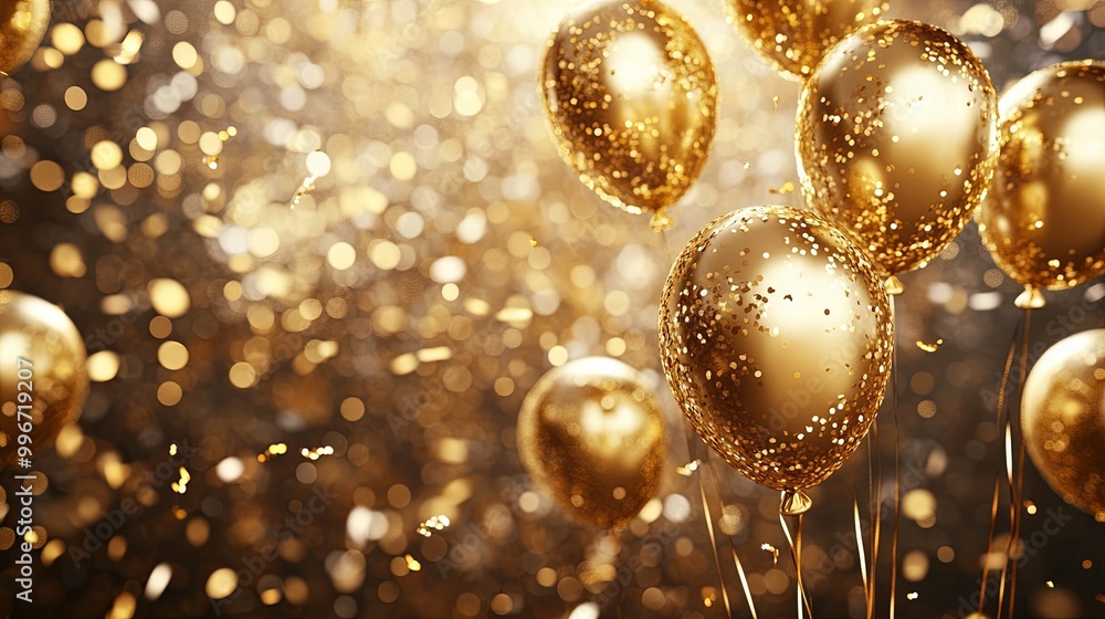 Golden Balloons with Glitter Confetti in a Festive Atmosphere Golden Balloons with Glitter Confetti in a Festive Atmosphere
