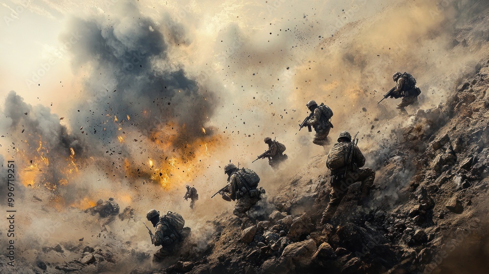 Soldiers navigating a battlefield amidst explosions and smoke. Soldiers navigating a battlefield amidst explosions and smoke.