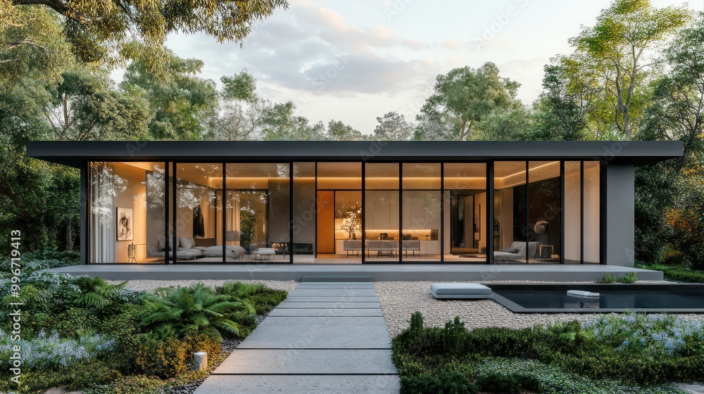 A modern glass house surrounded by greenery and a serene landscape. A modern glass house surrounded by greenery and a serene landscape.
