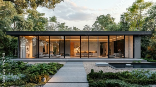 A modern glass house surrounded by greenery and a serene landscape.