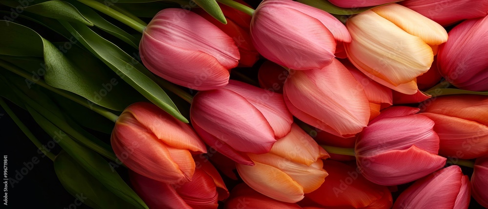 A black backdrop highlights a bouquet of pink and yellow tulips with verdant stems at their core A black backdrop highlights a bouquet of pink and yellow tulips with verdant stems at their core