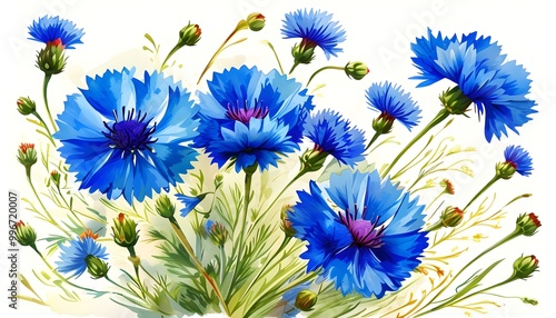 Vibrant Blue Watercolour Illustration of Blooming Cornflower and Knapweed, Artistic Spring Floral Botanical Painting Against White Background photo