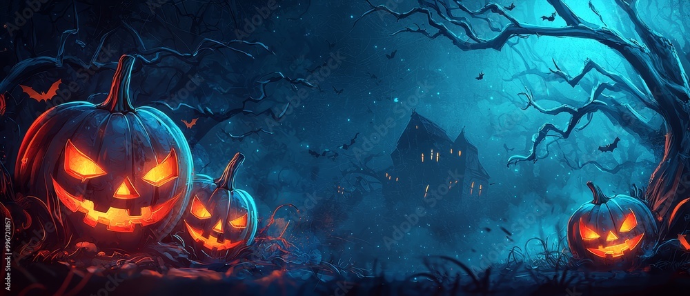 A cluster of jack-o-lanterns perched in the grass, facing a foreboding dark forest behind them A cluster of jack-o-lanterns perched in the grass, facing a foreboding dark forest behind them
