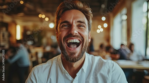 A Man With a Beard Laughing Joyously in a Cafe