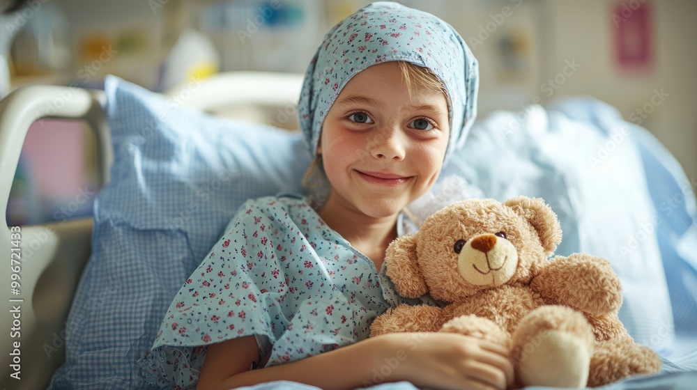 Pediatric patient with a brain tumor sitting in a hospital bed, holding a teddy bear. Pediatric patient with a brain tumor sitting in a hospital bed, holding a teddy bear.