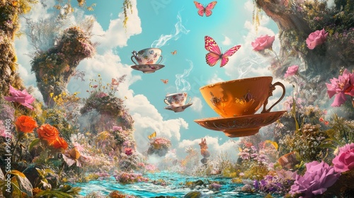 Mad Hatterâ€™s Dreamy Landscape: A surreal banner background of Mad Hatter Day, featuring a dreamy landscape where time and reality bend, photo