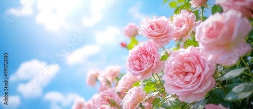  A sunny day features a cluster of pink roses blooming against a backdrop of a blue sky dotted with clouds