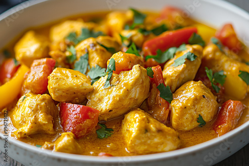 Coconut curry chicken with bell peppers in sauce