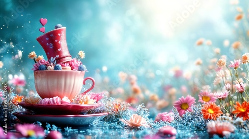 Mad Hatter's Floating Tea Shop Banner background of Mad Hatter Day theme banner design for microstock, no text, and wide copy space, Mad Hatter's Floating Tea Shop,  photo