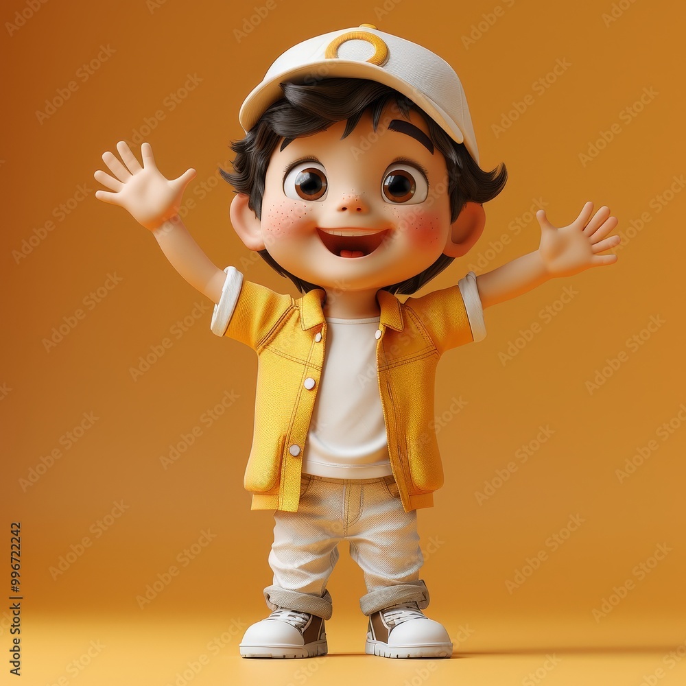 Cartoon illustration of a happy boy with arms raised, wearing a yellow jacket and cap Cartoon illustration of a happy boy with arms raised, wearing a yellow jacket and cap