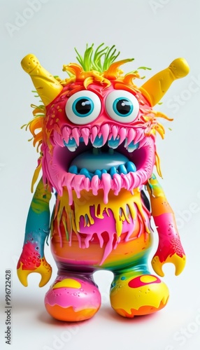 Vibrant monster toy featuring a playful rainbow color scheme and expressive features, perfect for children's play and imaginative fun.