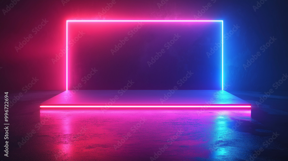 A neon sign with a blue and red background